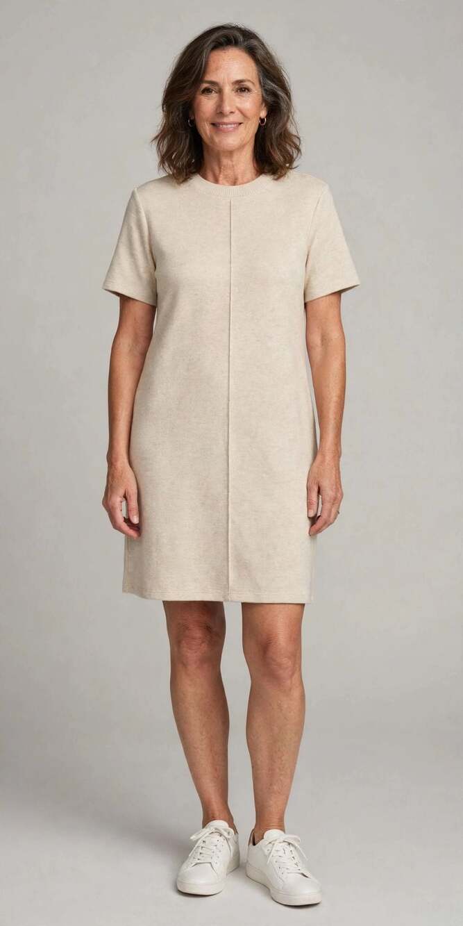 Steve Madden Women's Short Sleeve Ribbed Crew Neck Sweater Dress in Beige